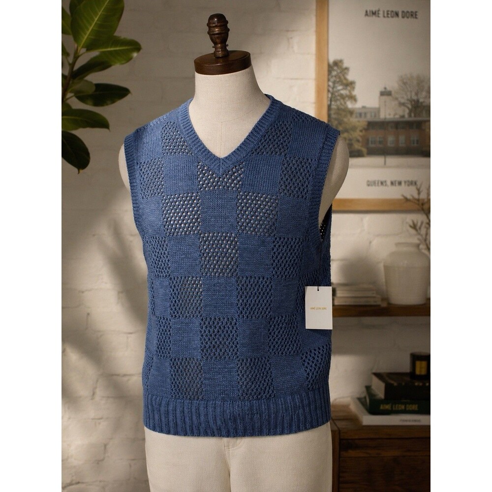 Aimé Leon Dore SS23 Checkered Linen Vest Navy Blue Open Knit 100% Linen NWT